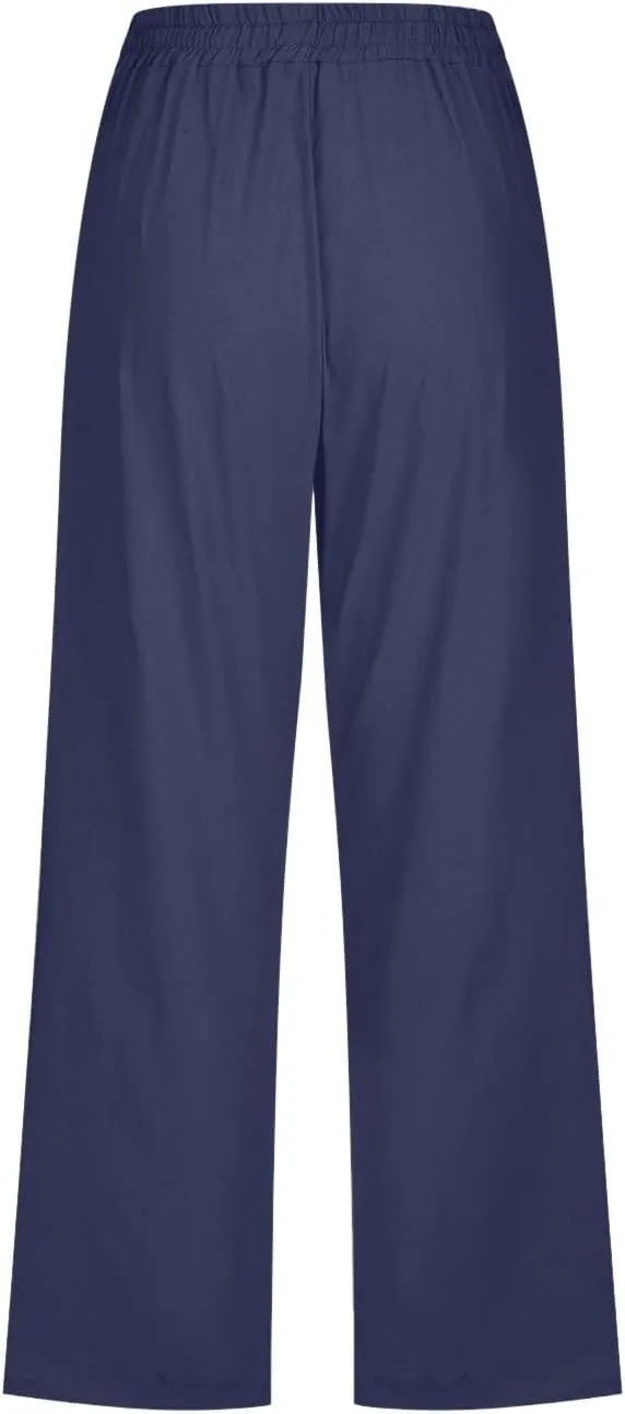 Womens Straight Leg Pants Drawstring Elastic Waist Button Fly Cropped Trousers Summer Beach Casual Loose Vacation Capri Pants