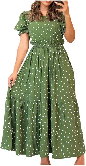 Women's Summer Casual Boho Dress Polka Dot Print Square Neck Ruffle Puff Short Sleeve Flowy Maxi Beach Party Dresses