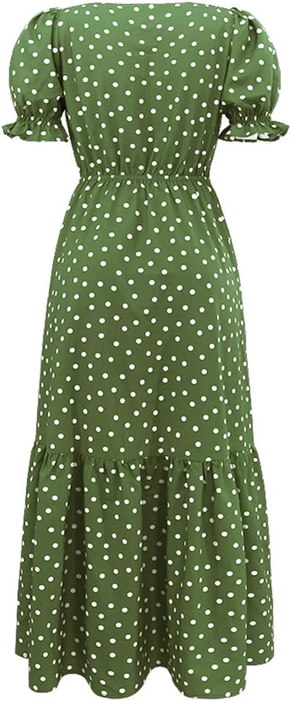 Women's Summer Casual Boho Dress Polka Dot Print Square Neck Ruffle Puff Short Sleeve Flowy Maxi Beach Party Dresses