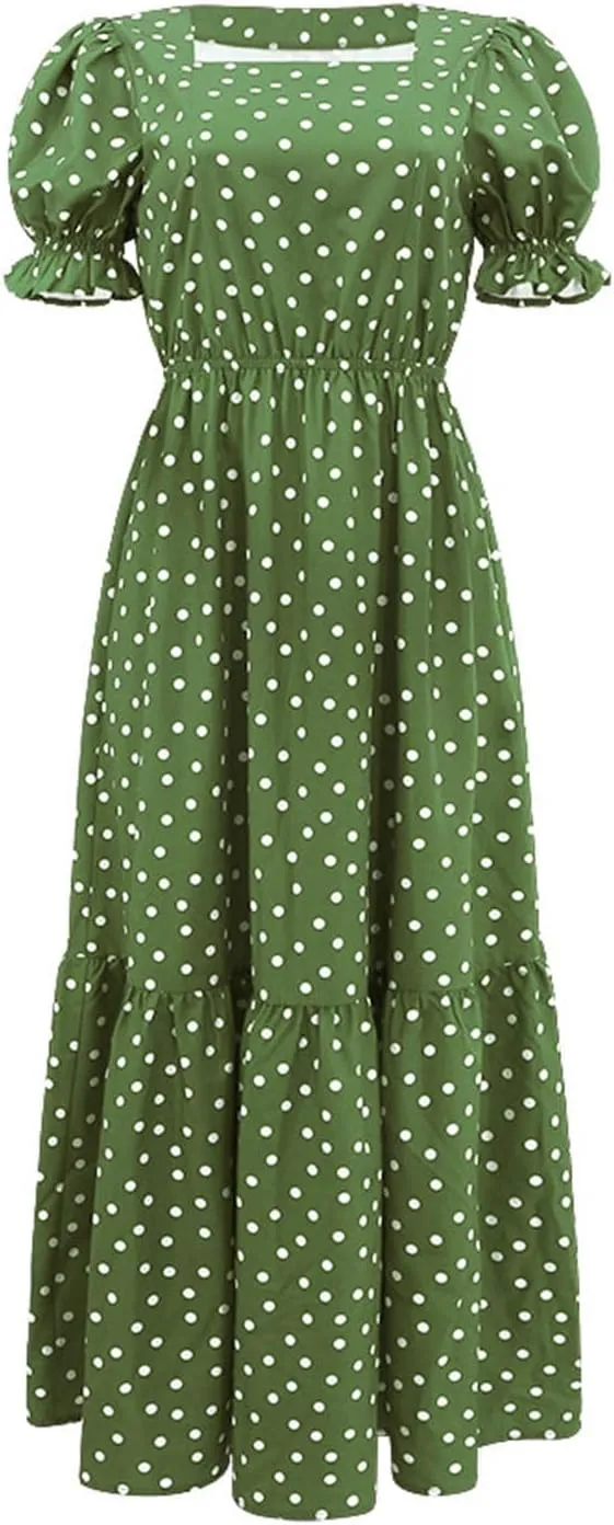 Women's Summer Casual Boho Dress Polka Dot Print Square Neck Ruffle Puff Short Sleeve Flowy Maxi Beach Party Dresses