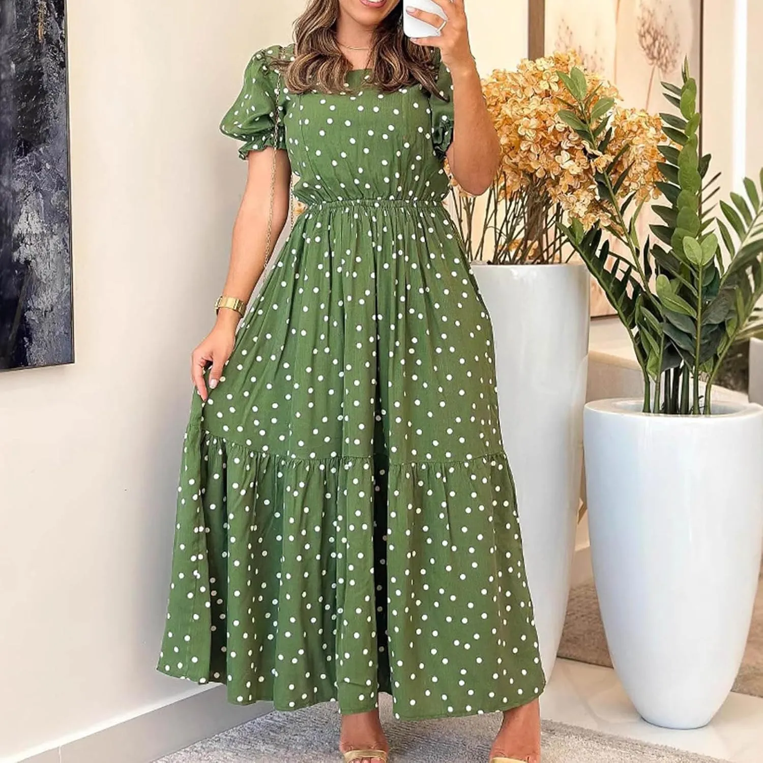 Women's Summer Casual Boho Dress Polka Dot Print Square Neck Ruffle Puff Short Sleeve Flowy Maxi Beach Party Dresses