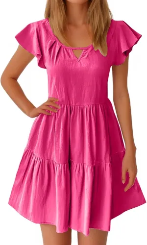 Womens Summer Dresses Ruffle Sleeve Crew Keyhole Neck Mini Dress Solid Loose Short Layered Mini Babydoll Dress