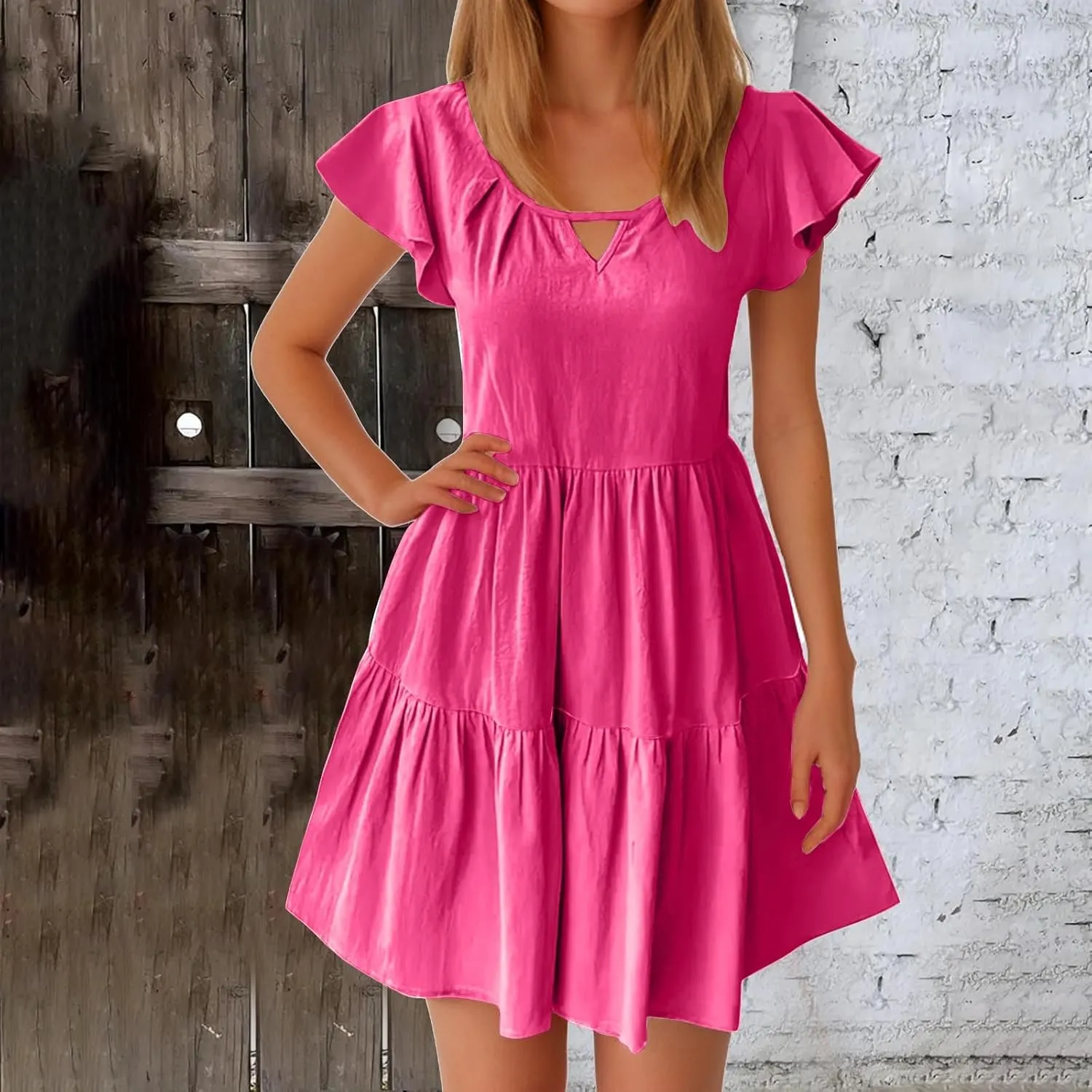 Womens Summer Dresses Ruffle Sleeve Crew Keyhole Neck Mini Dress Solid Loose Short Layered Mini Babydoll Dress