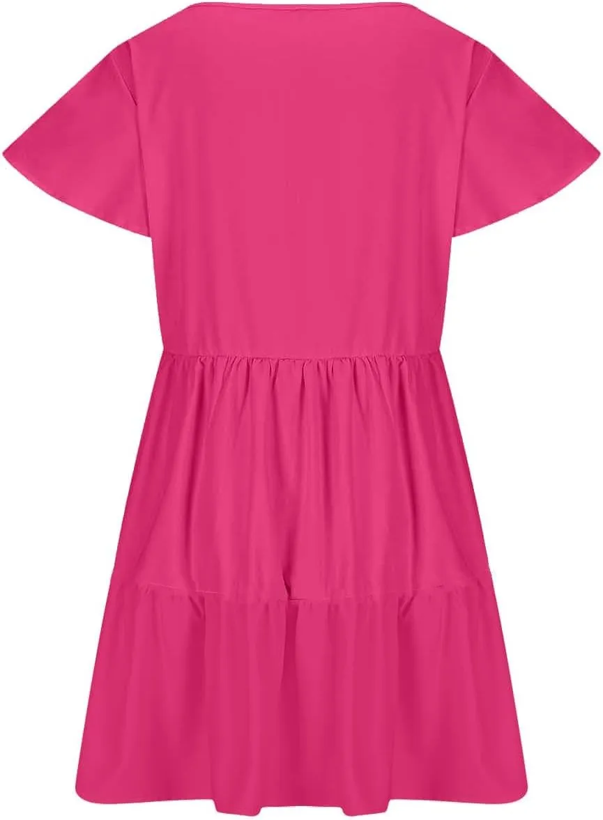 Womens Summer Dresses Ruffle Sleeve Crew Keyhole Neck Mini Dress Solid Loose Short Layered Mini Babydoll Dress