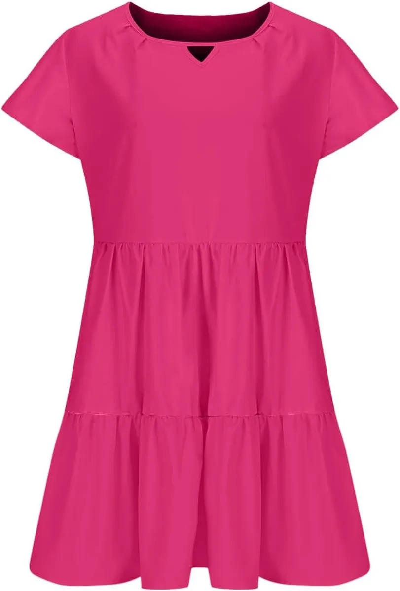 Womens Summer Dresses Ruffle Sleeve Crew Keyhole Neck Mini Dress Solid Loose Short Layered Mini Babydoll Dress