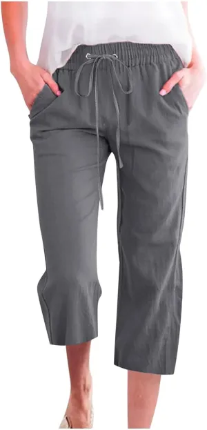 Womens Summer Fashion Capri Pants Casual Drawstring Elastic High Waist Linen Pant Straight Cropped Trousers