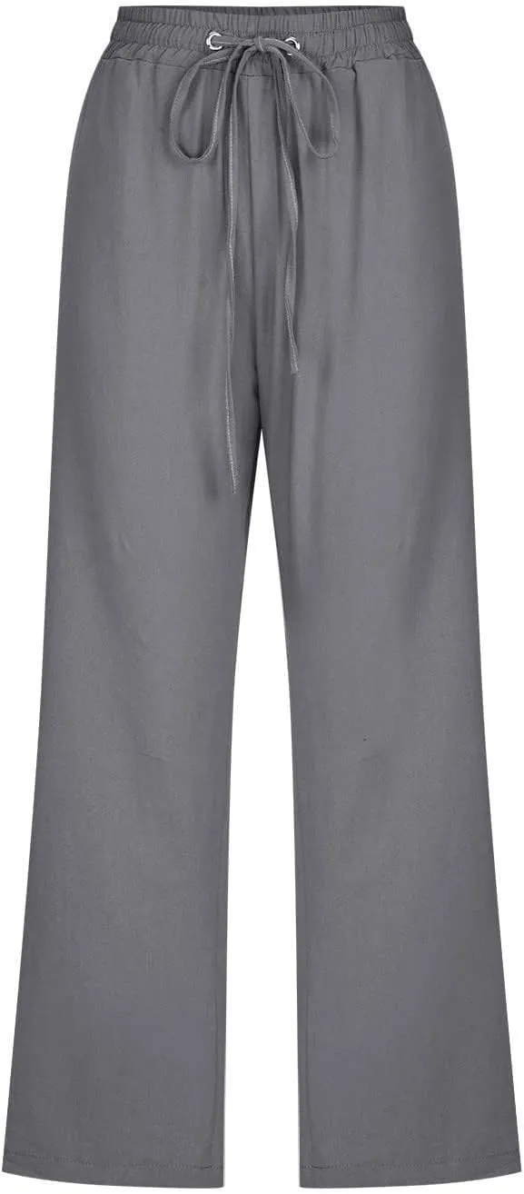 Womens Summer Fashion Capri Pants Casual Drawstring Elastic High Waist Linen Pant Straight Cropped Trousers