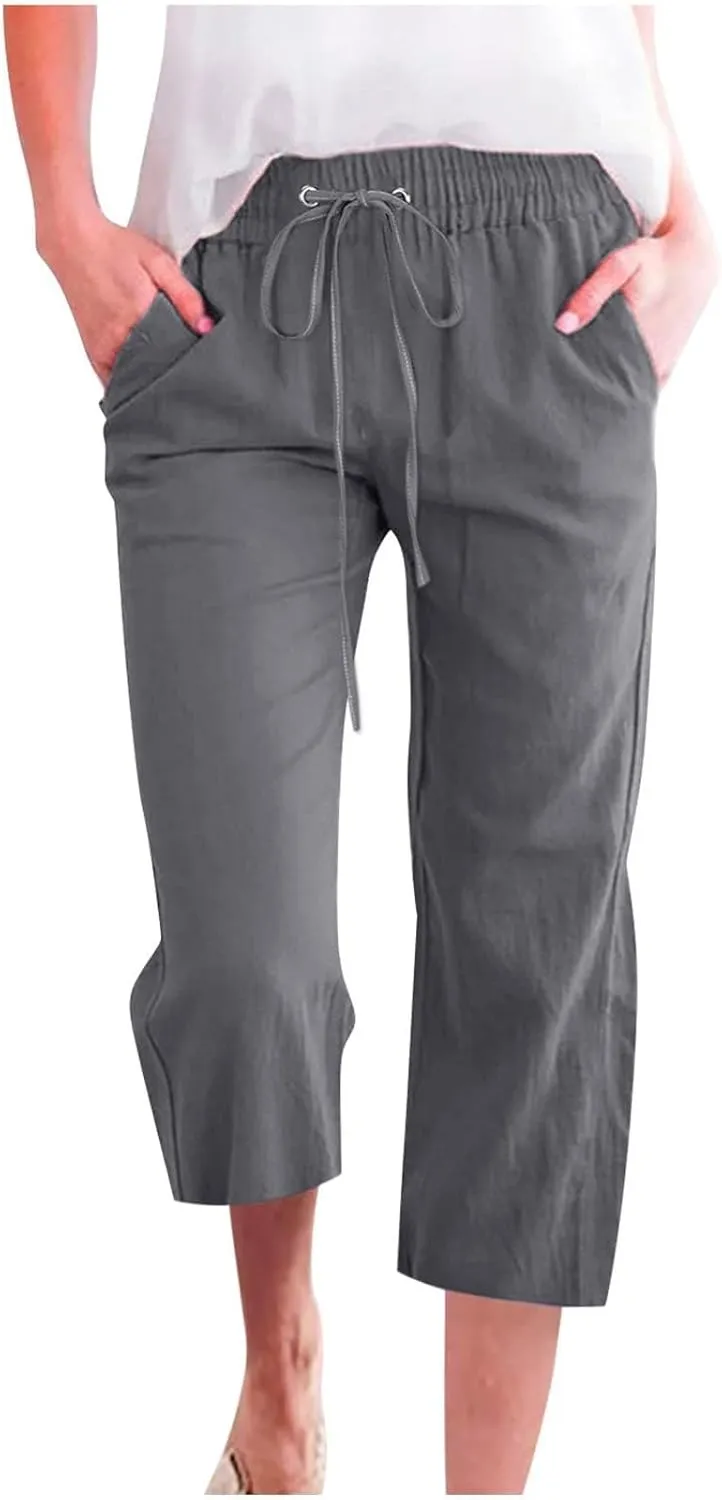 Womens Summer Fashion Capri Pants Casual Drawstring Elastic High Waist Linen Pant Straight Cropped Trousers