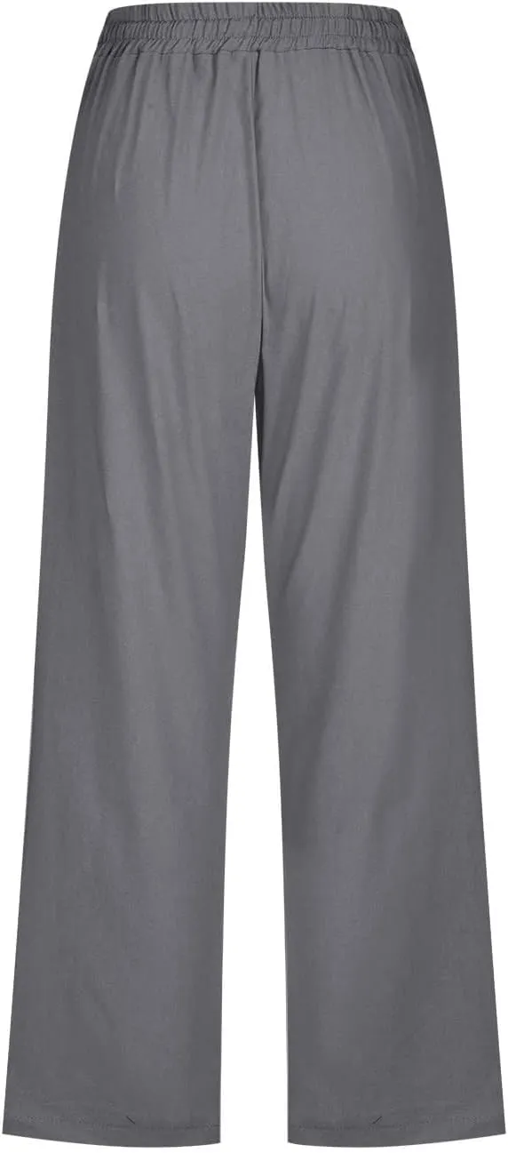 Womens Summer Fashion Capri Pants Casual Drawstring Elastic High Waist Linen Pant Straight Cropped Trousers