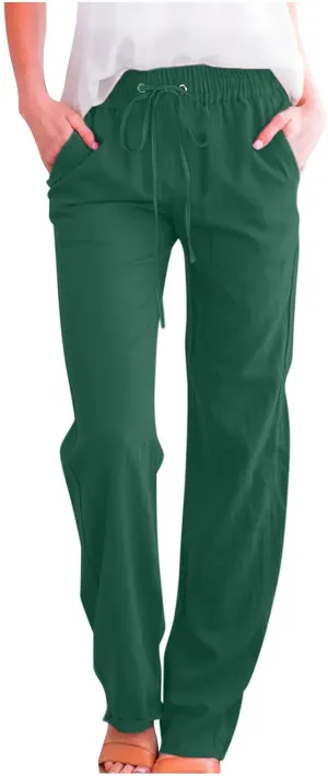 Womens Summer Linen Pants Straight Leg High Waist Palazzo Pants Loose Boho Comfy Pants Casual Trousers with Pockets