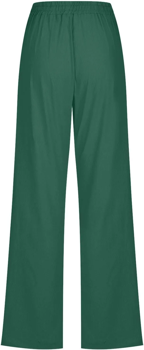 Womens Summer Linen Pants Straight Leg High Waist Palazzo Pants Loose Boho Comfy Pants Casual Trousers with Pockets