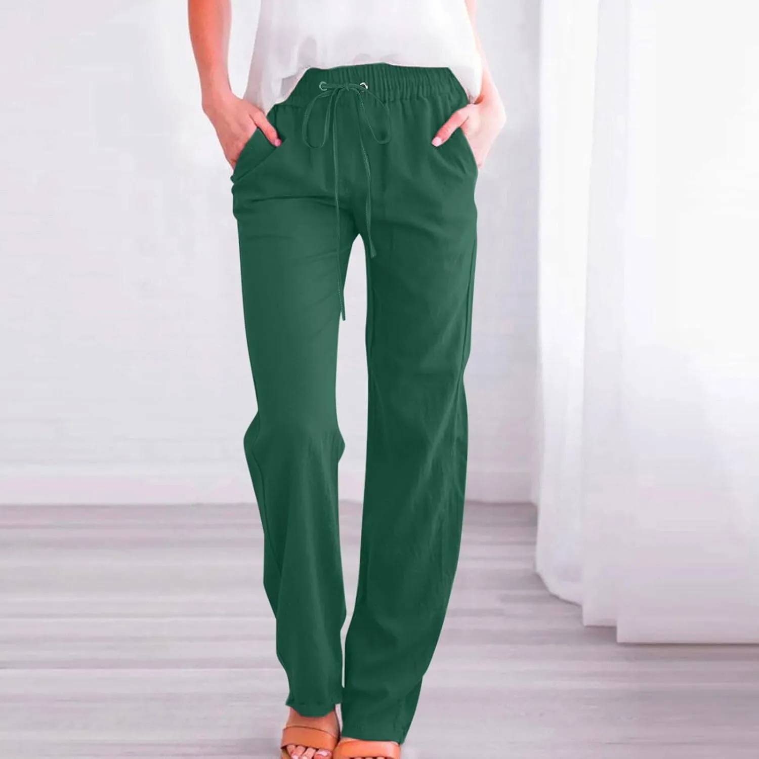 Womens Summer Linen Pants Straight Leg High Waist Palazzo Pants Loose Boho Comfy Pants Casual Trousers with Pockets