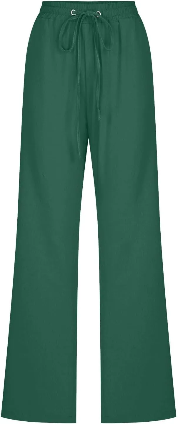 Womens Summer Linen Pants Straight Leg High Waist Palazzo Pants Loose Boho Comfy Pants Casual Trousers with Pockets