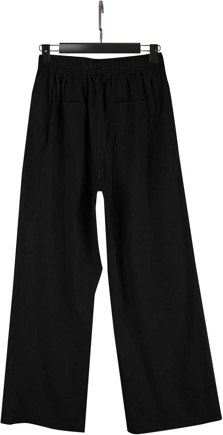 Womens Summer Linen Pants Wide Leg Elastic Waist Button Fly Long Lounge Pants Beach Loose Comfy Palazzo Trousers with Pockets