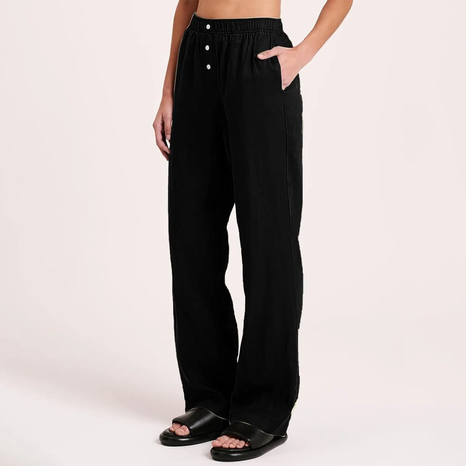 Womens Summer Linen Pants Wide Leg Elastic Waist Button Fly Long Lounge Pants Beach Loose Comfy Palazzo Trousers with Pockets