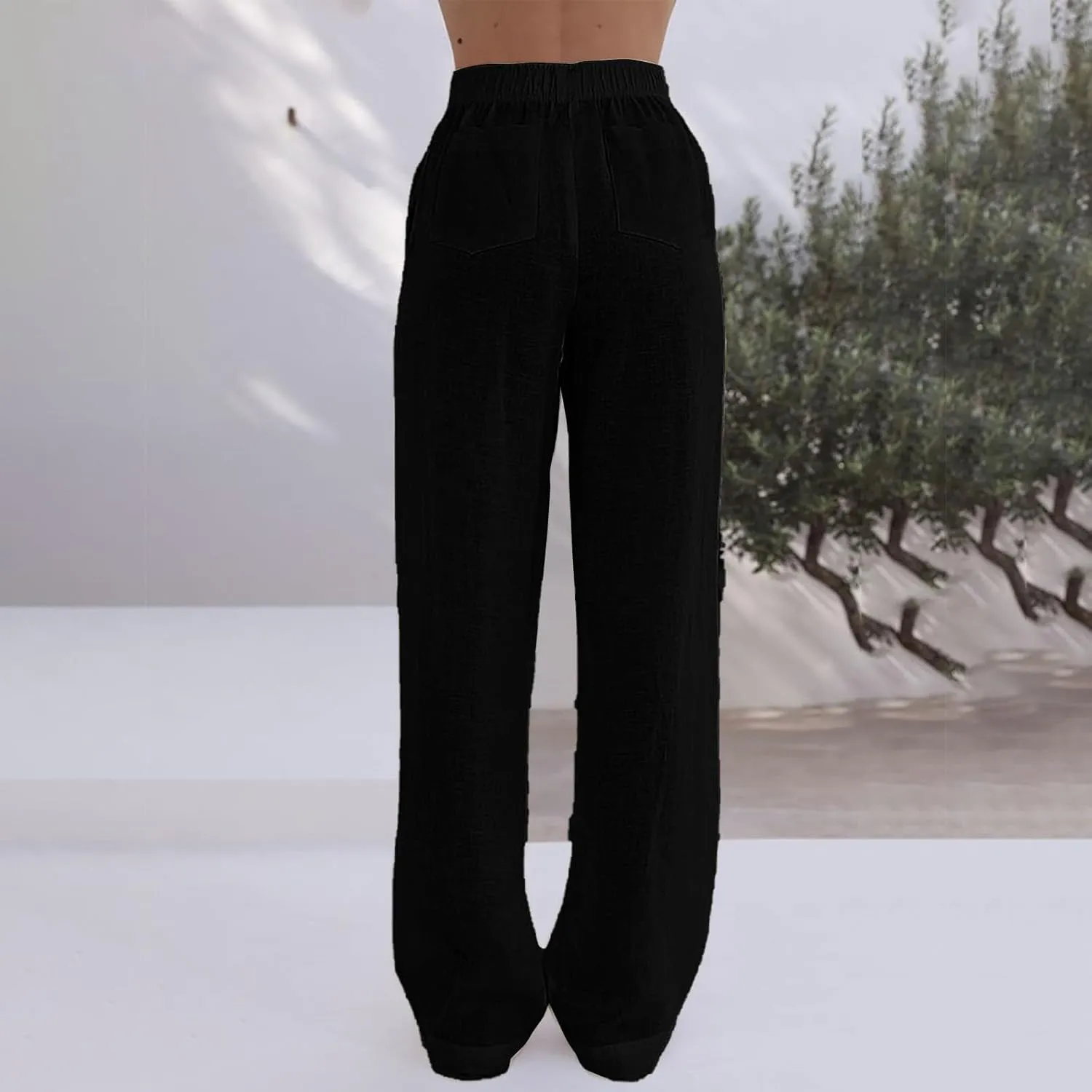 Womens Summer Linen Pants Wide Leg Elastic Waist Button Fly Long Lounge Pants Beach Loose Comfy Palazzo Trousers with Pockets