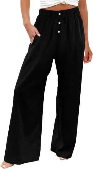 Womens Summer Linen Pants Wide Leg Elastic Waist Button Fly Long Lounge Pants Beach Loose Comfy Palazzo Trousers with Pockets