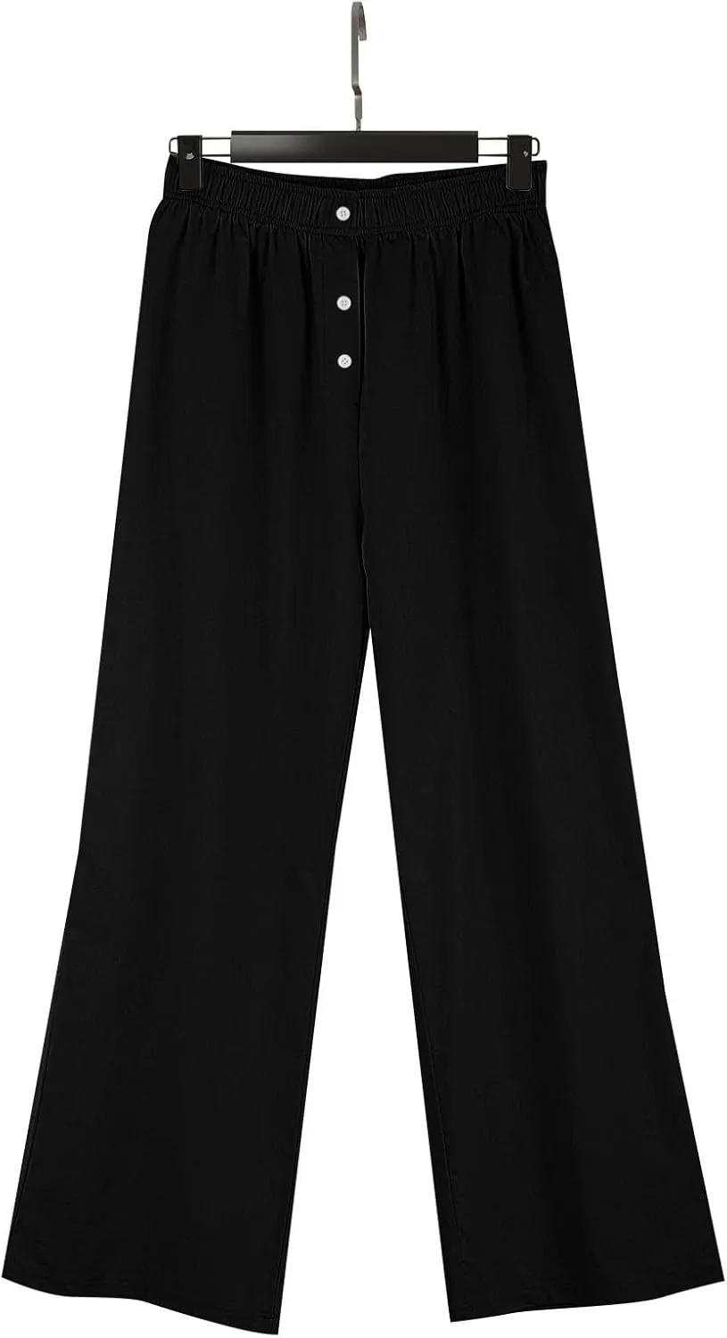 Womens Summer Linen Pants Wide Leg Elastic Waist Button Fly Long Lounge Pants Beach Loose Comfy Palazzo Trousers with Pockets
