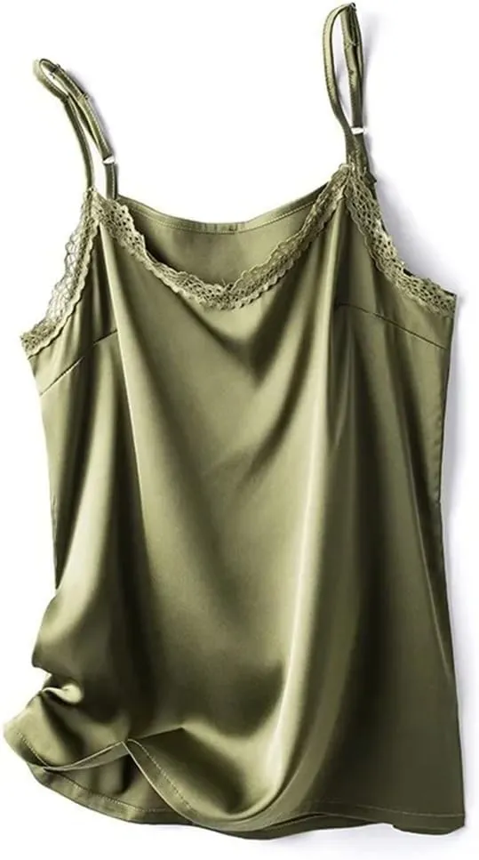 Women's Summer V-Neck Silk Camisole Sexy Lace Sleeveless Satin Vest Top