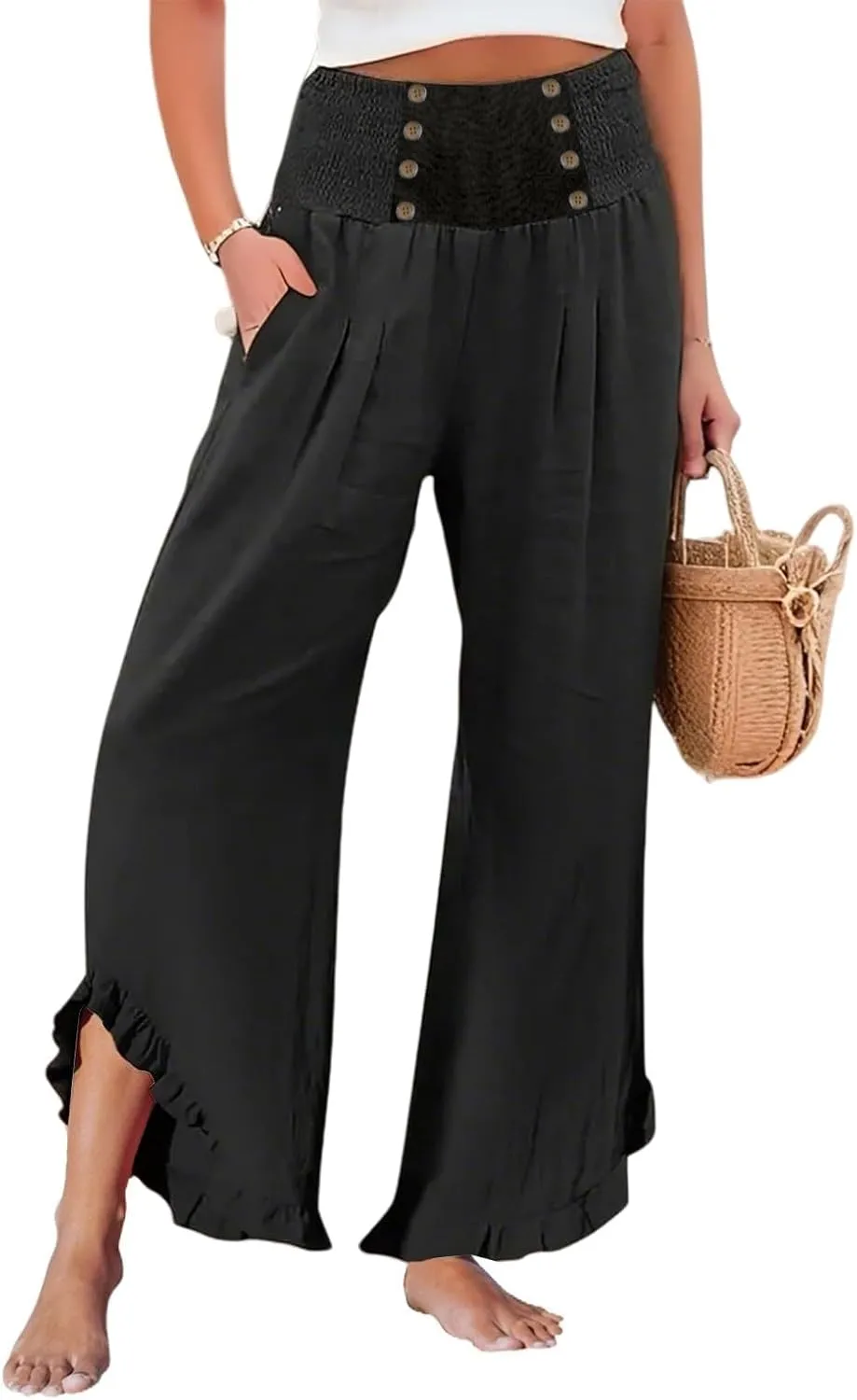 Women's Summer Wide Leg Linen Pants Smocked Waist Ruffle Hem Palazzo Pants Boho Flowy Beach Pants with Pockets