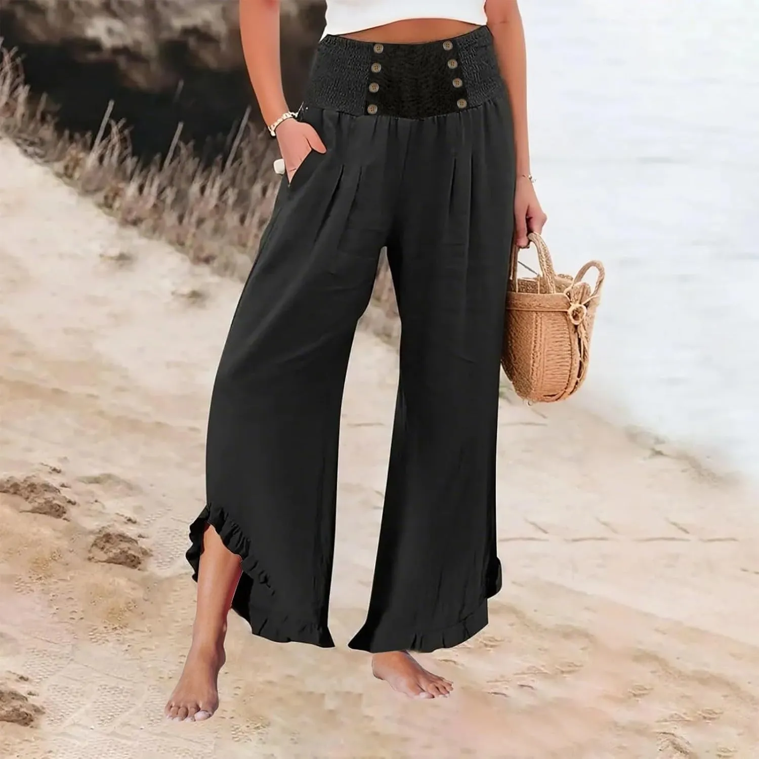 Women's Summer Wide Leg Linen Pants Smocked Waist Ruffle Hem Palazzo Pants Boho Flowy Beach Pants with Pockets