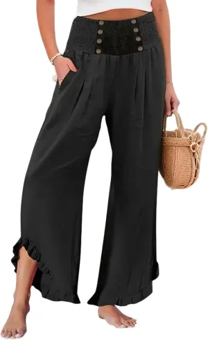 Women's Summer Wide Leg Linen Pants Smocked Waist Ruffle Hem Palazzo Pants Boho Flowy Beach Pants with Pockets