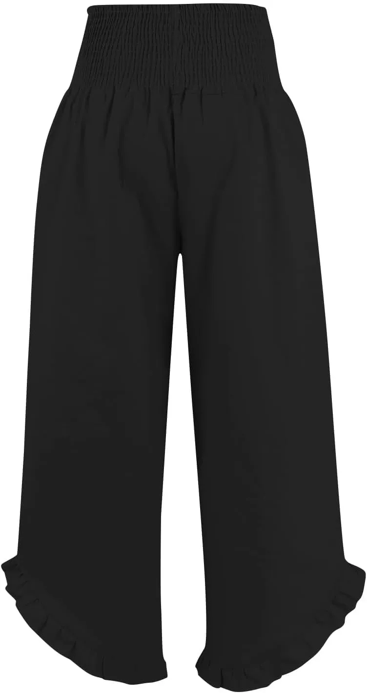 Women's Summer Wide Leg Linen Pants Smocked Waist Ruffle Hem Palazzo Pants Boho Flowy Beach Pants with Pockets