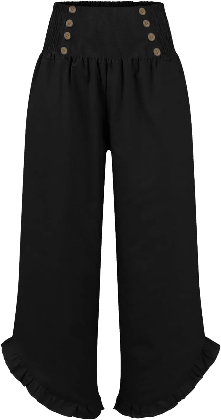 Women's Summer Wide Leg Linen Pants Smocked Waist Ruffle Hem Palazzo Pants Boho Flowy Beach Pants with Pockets