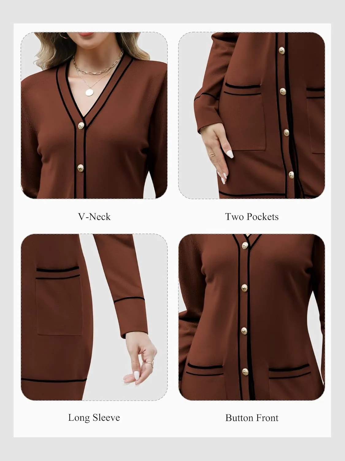 Women's V Neck Long Sleeve Sweater Dress Elegant Mini Dress Button Open Front Color Block Knit Sweaters Cardigan with Pockets
