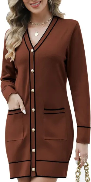 Women's V Neck Long Sleeve Sweater Dress Elegant Mini Dress Button Open Front Color Block Knit Sweaters Cardigan with Pockets