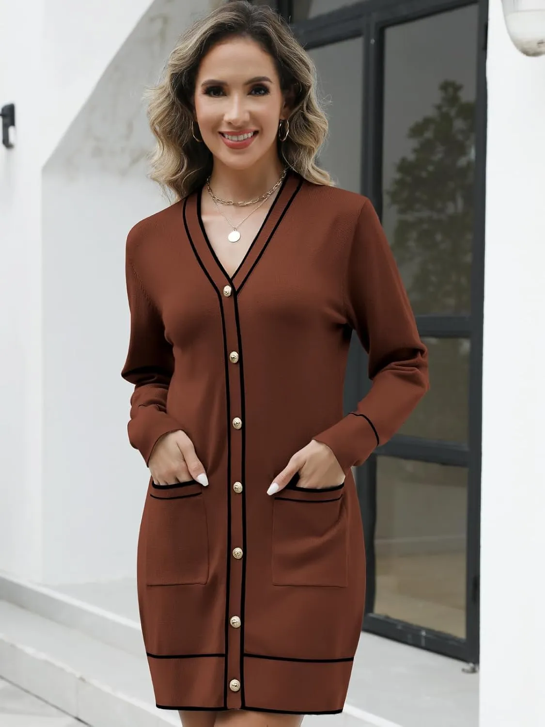 Women's V Neck Long Sleeve Sweater Dress Elegant Mini Dress Button Open Front Color Block Knit Sweaters Cardigan with Pockets