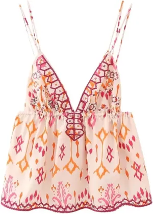 Womens V-Neck Sleeveless Camisole Embroidery Beaded Print Casual Short Tank Top