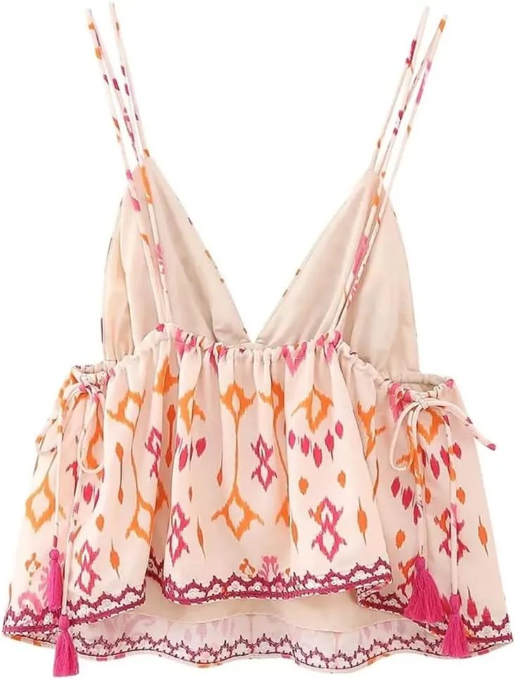 Womens V-Neck Sleeveless Camisole Embroidery Beaded Print Casual Short Tank Top