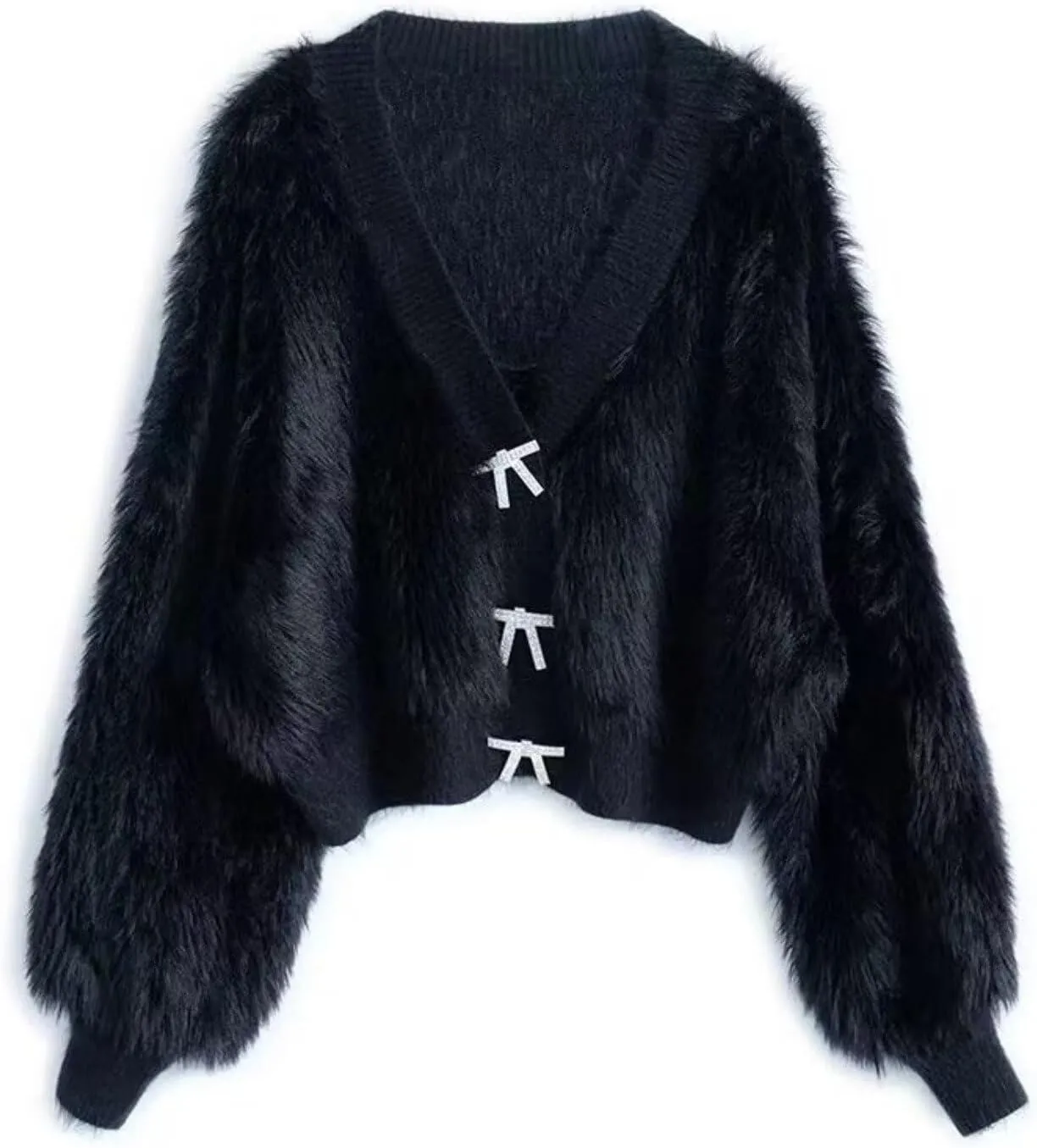 Womens Warm Fluffy Fur Cardigan Fuzzy Sweater Y2K Coat Solid Long Sleeve V Neck Rhinestone Bow Sweater