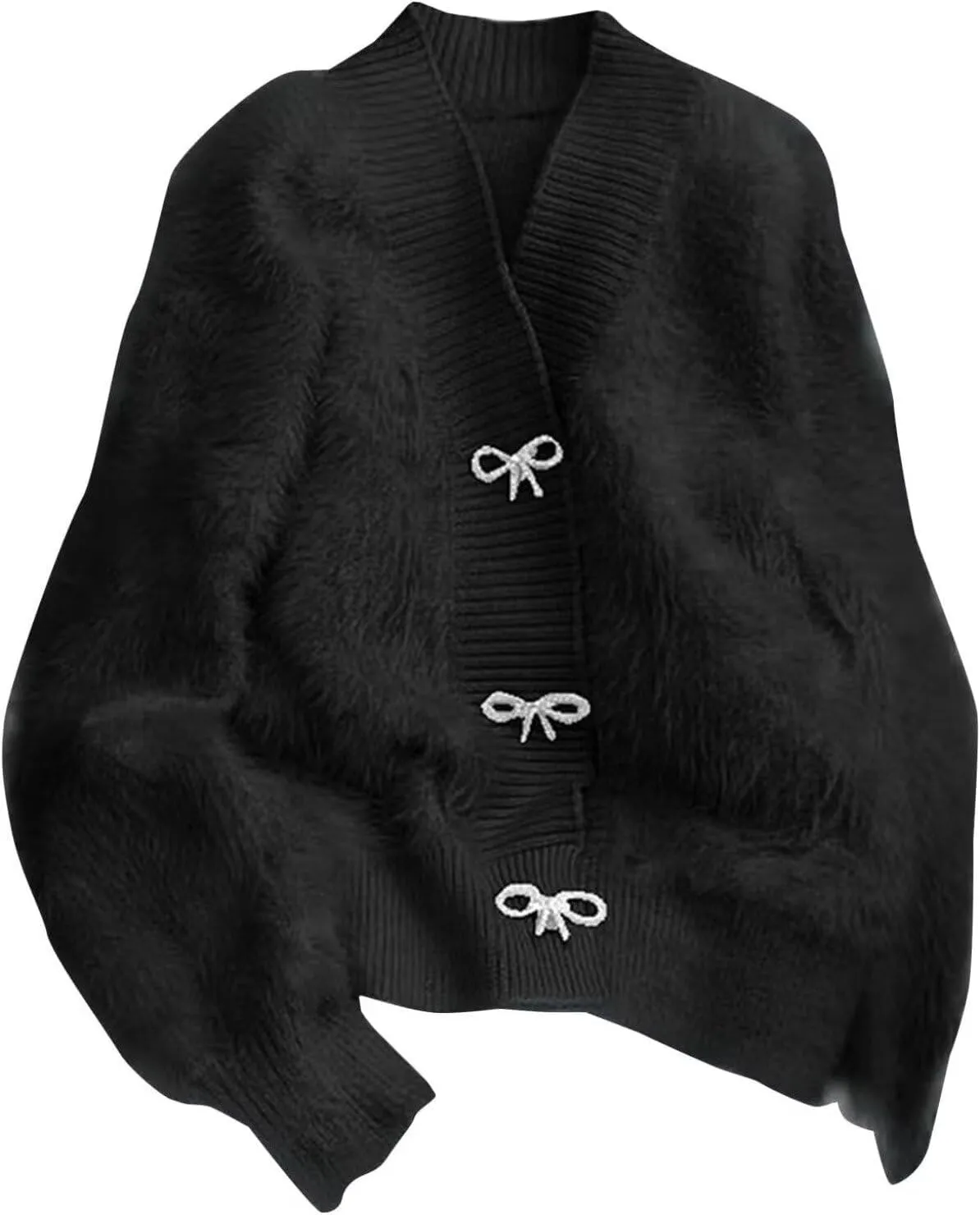 Womens Warm Fluffy Fur Cardigan Fuzzy Sweater Y2K Coat Solid Long Sleeve V Neck Rhinestone Bow Sweater