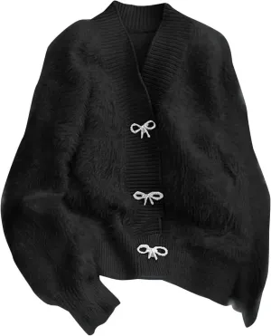 Womens Warm Fluffy Fur Cardigan Fuzzy Sweater Y2K Coat Solid Long Sleeve V Neck Rhinestone Bow Sweater