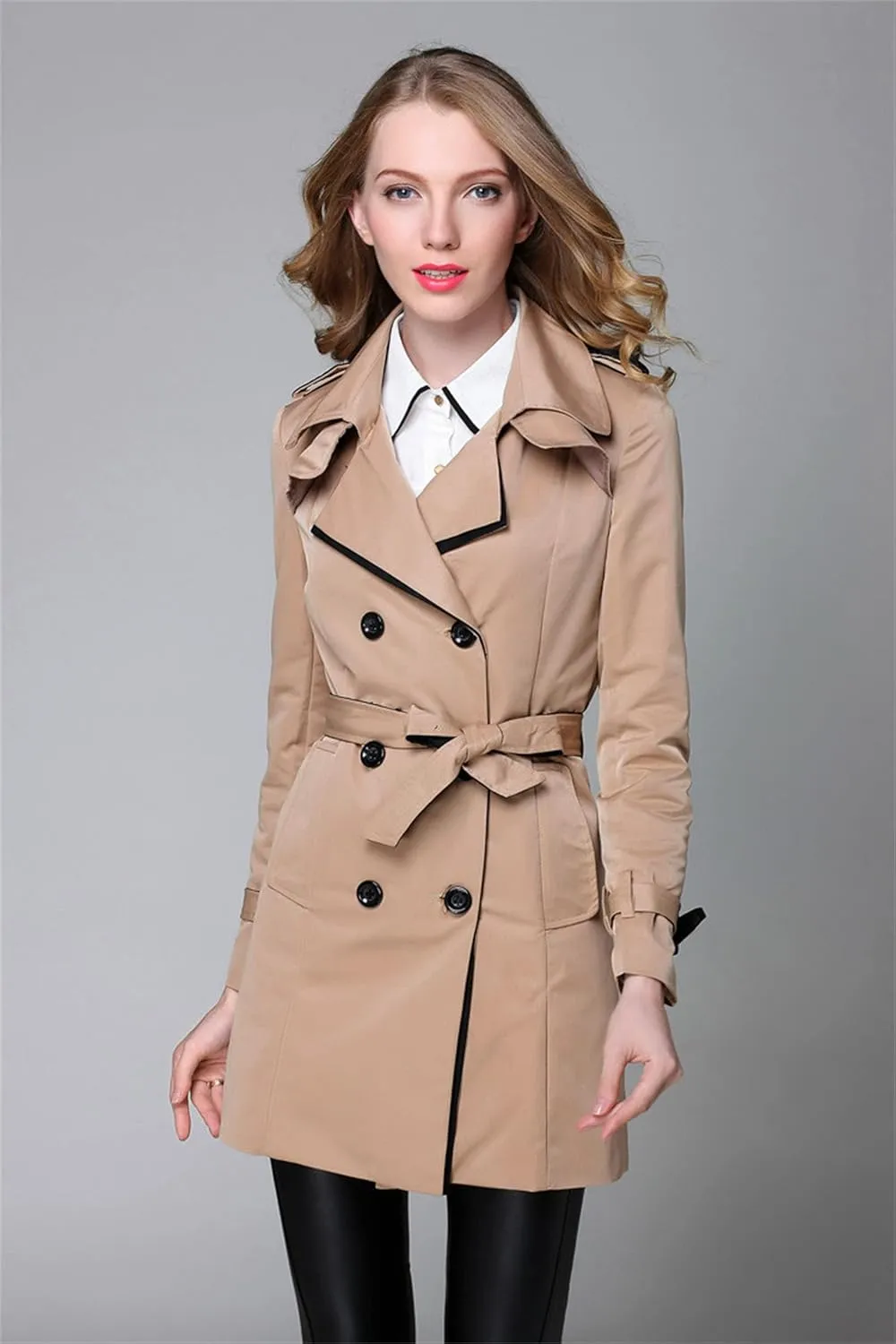 Women's Waterproof Double-Breasted Trench Coat Solid Color Classic Lapel Overcoat Fashion Slim Outerwear Coat With Belt