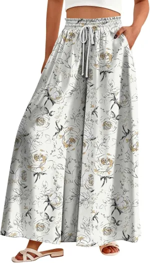 Womens Wide Leg Boho Pants Floral Solid Flowy Pants Lounge Beach with Pocket Resort Wear for Women 2025 Trendy