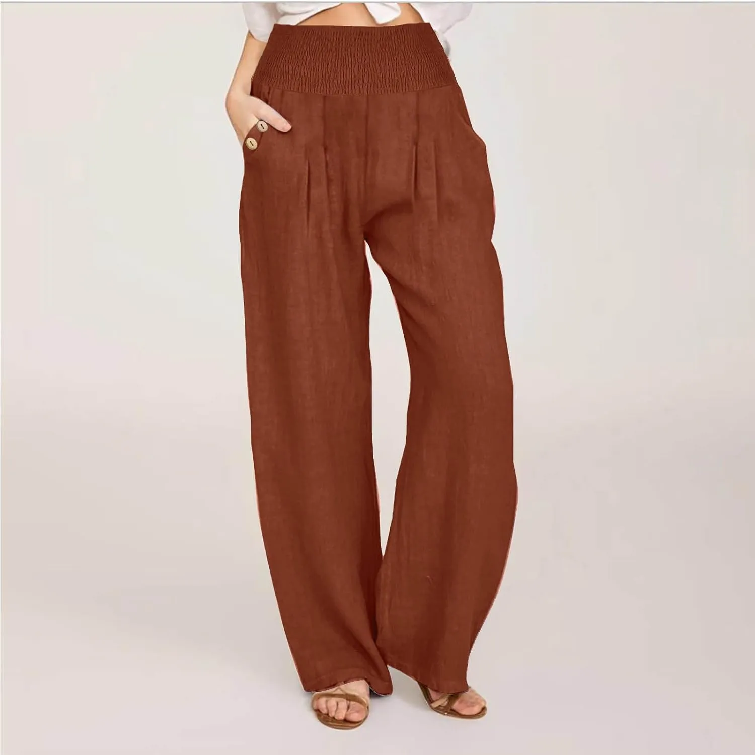 Women's Wide Leg Linen Pants Casual High Waisted Lounge Work Trousers Fashion Solid Color Pants with Pockets Outfit