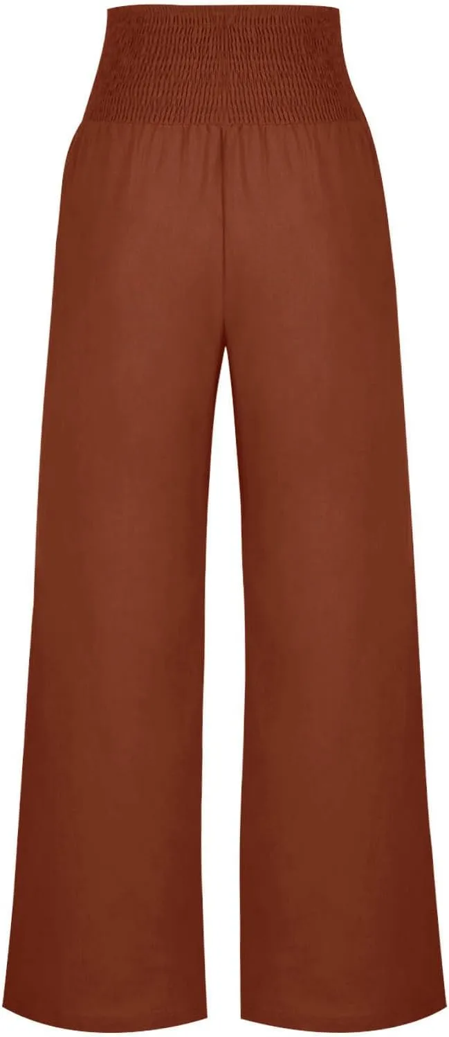 Women's Wide Leg Linen Pants Casual High Waisted Lounge Work Trousers Fashion Solid Color Pants with Pockets Outfit