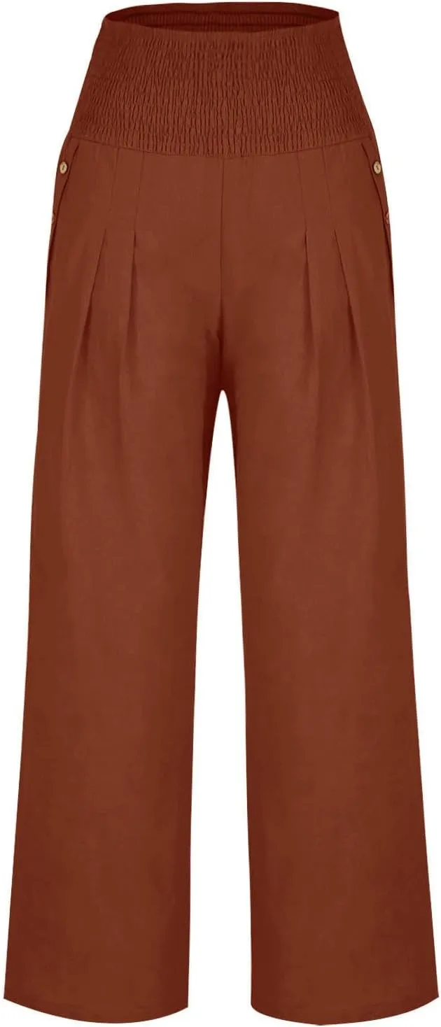 Women's Wide Leg Linen Pants Casual High Waisted Lounge Work Trousers Fashion Solid Color Pants with Pockets Outfit