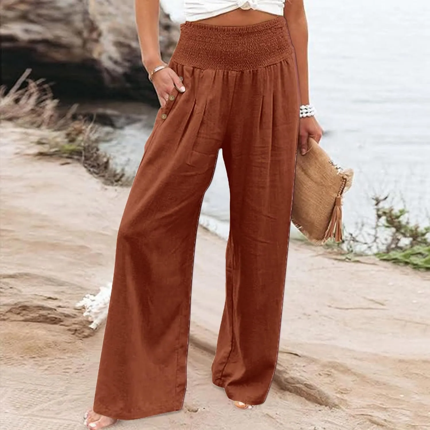 Women's Wide Leg Linen Pants Casual High Waisted Lounge Work Trousers Fashion Solid Color Pants with Pockets Outfit