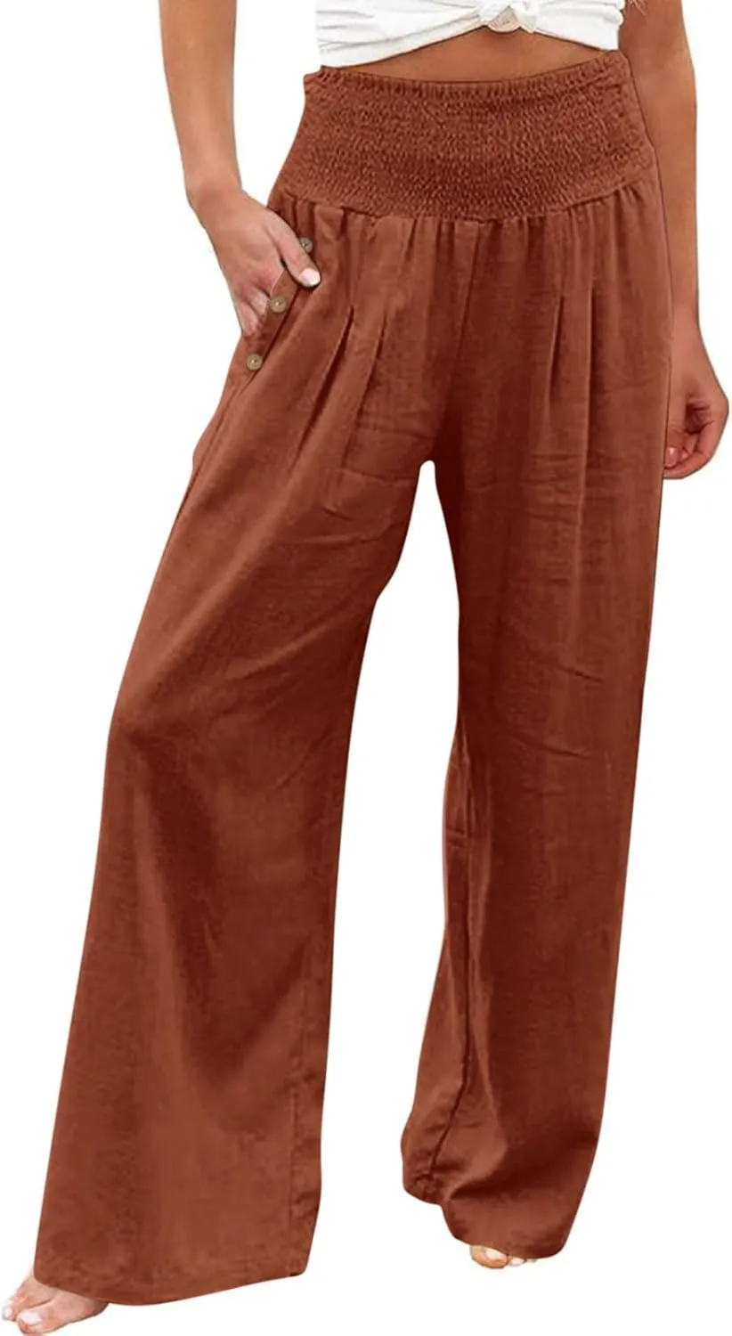 Women's Wide Leg Linen Pants Casual High Waisted Lounge Work Trousers Fashion Solid Color Pants with Pockets Outfit