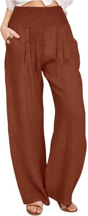 Women's Wide Leg Linen Pants Casual High Waisted Lounge Work Trousers Fashion Solid Color Pants with Pockets Outfit