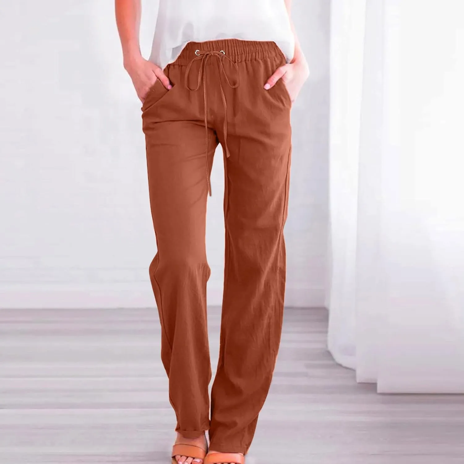 Womens Wide Leg Linen Pants Trendy Casual High Waisted 2025 Summer Palazzo Pants Trousers with Pockets