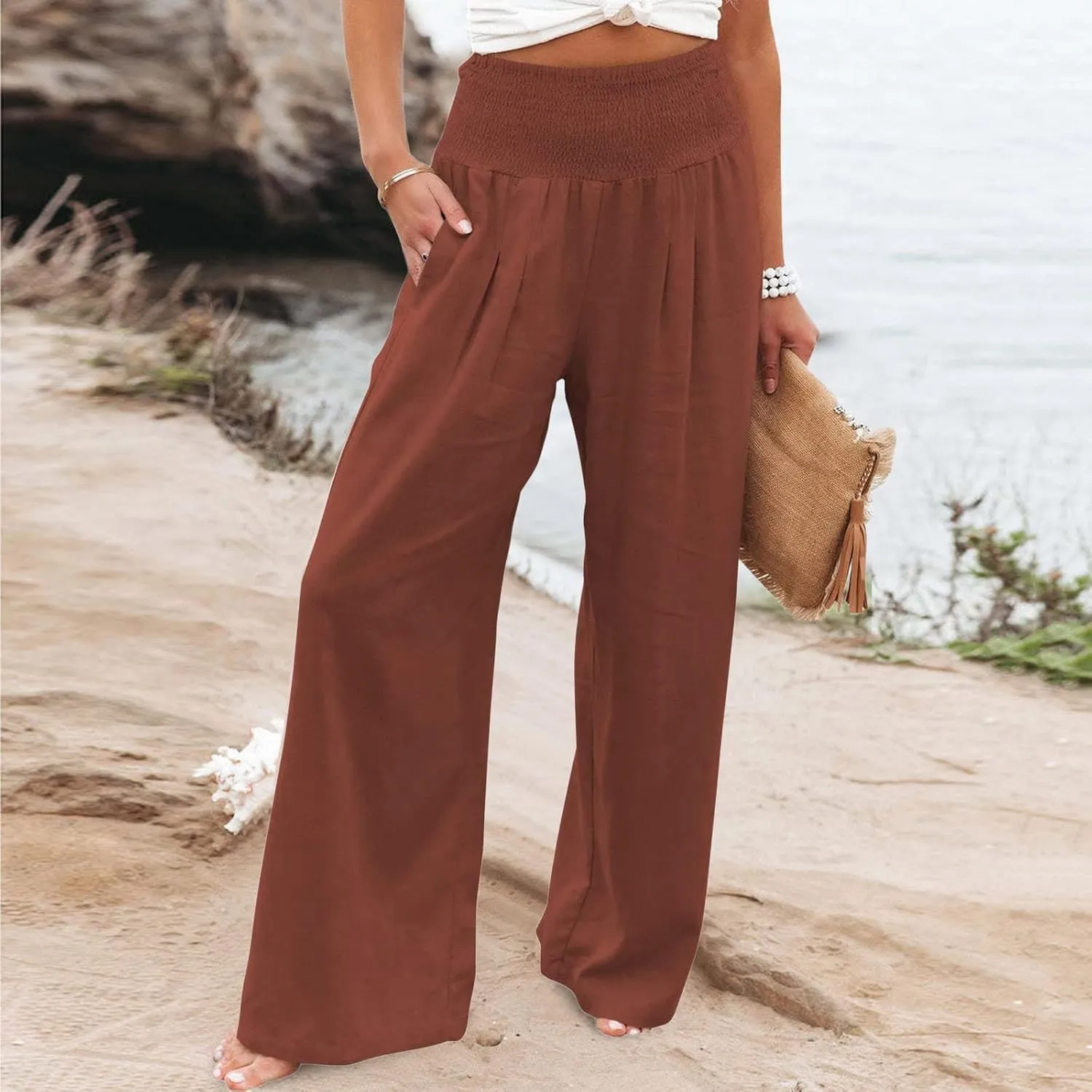 Womens Wide Leg Palazzo Pants Cotton Linen Pleated Smocked High Waisted Pants Summer Casual Lounge Trousers with Pockets