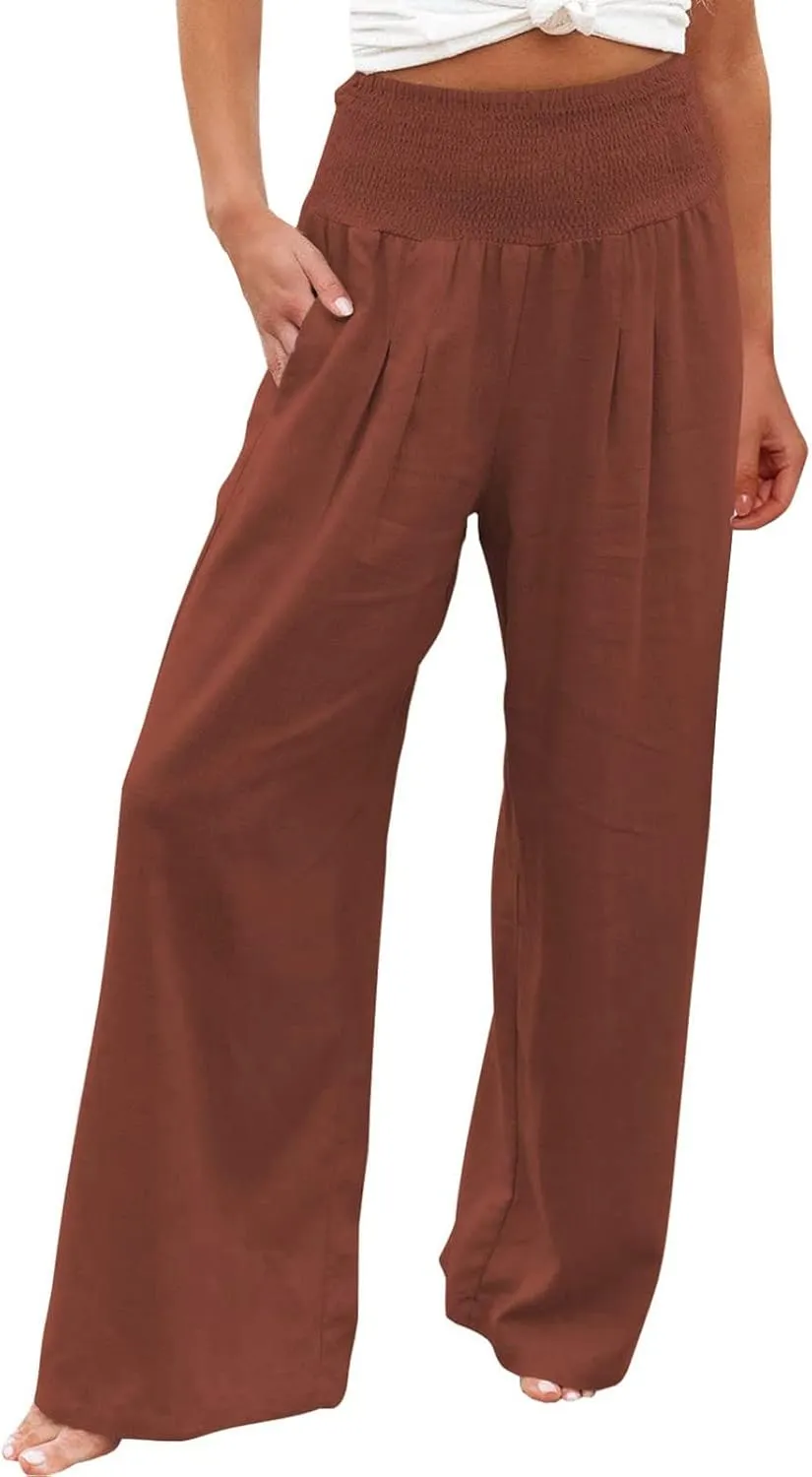 Womens Wide Leg Palazzo Pants Cotton Linen Pleated Smocked High Waisted Pants Summer Casual Lounge Trousers with Pockets