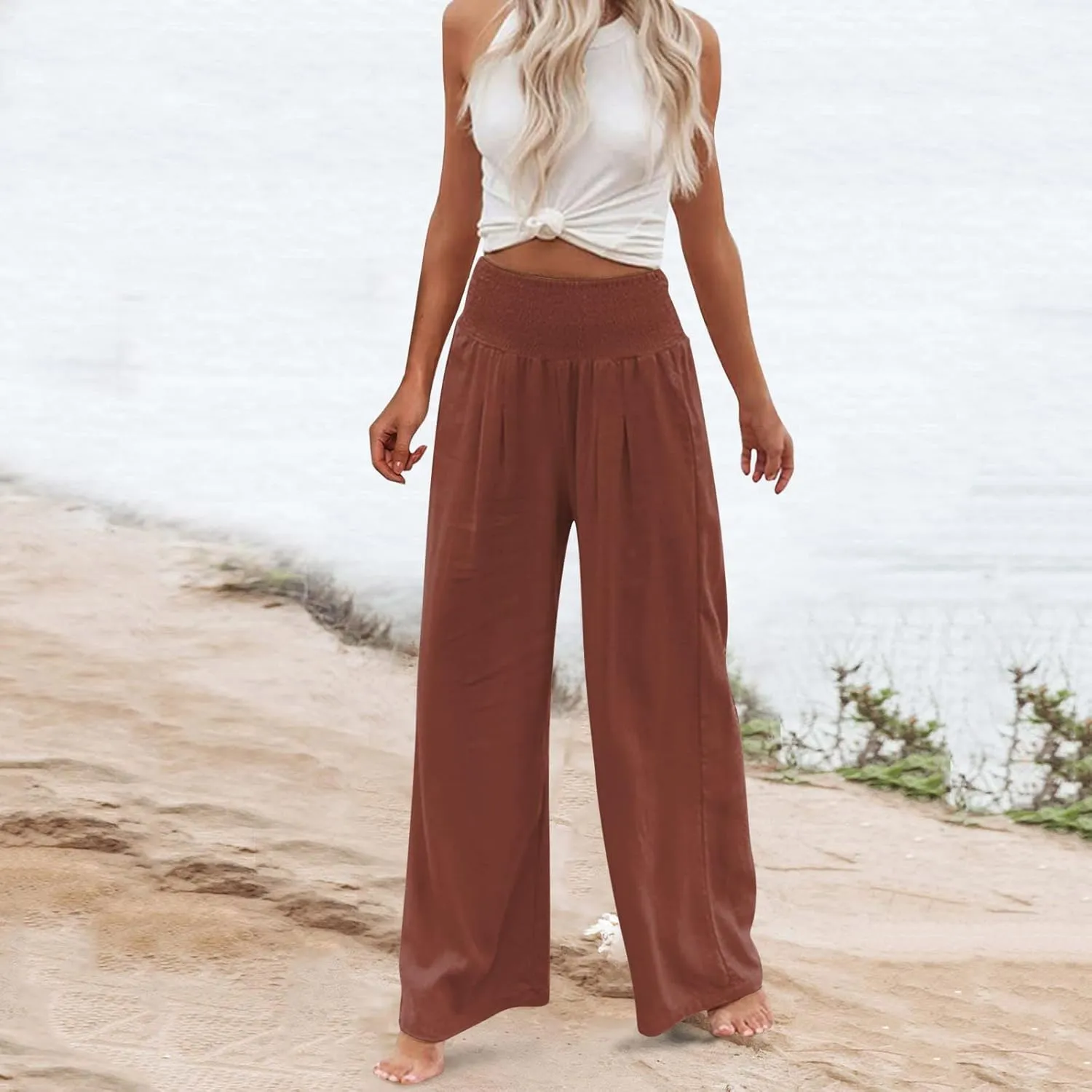 Womens Wide Leg Palazzo Pants Cotton Linen Pleated Smocked High Waisted Pants Summer Casual Lounge Trousers with Pockets