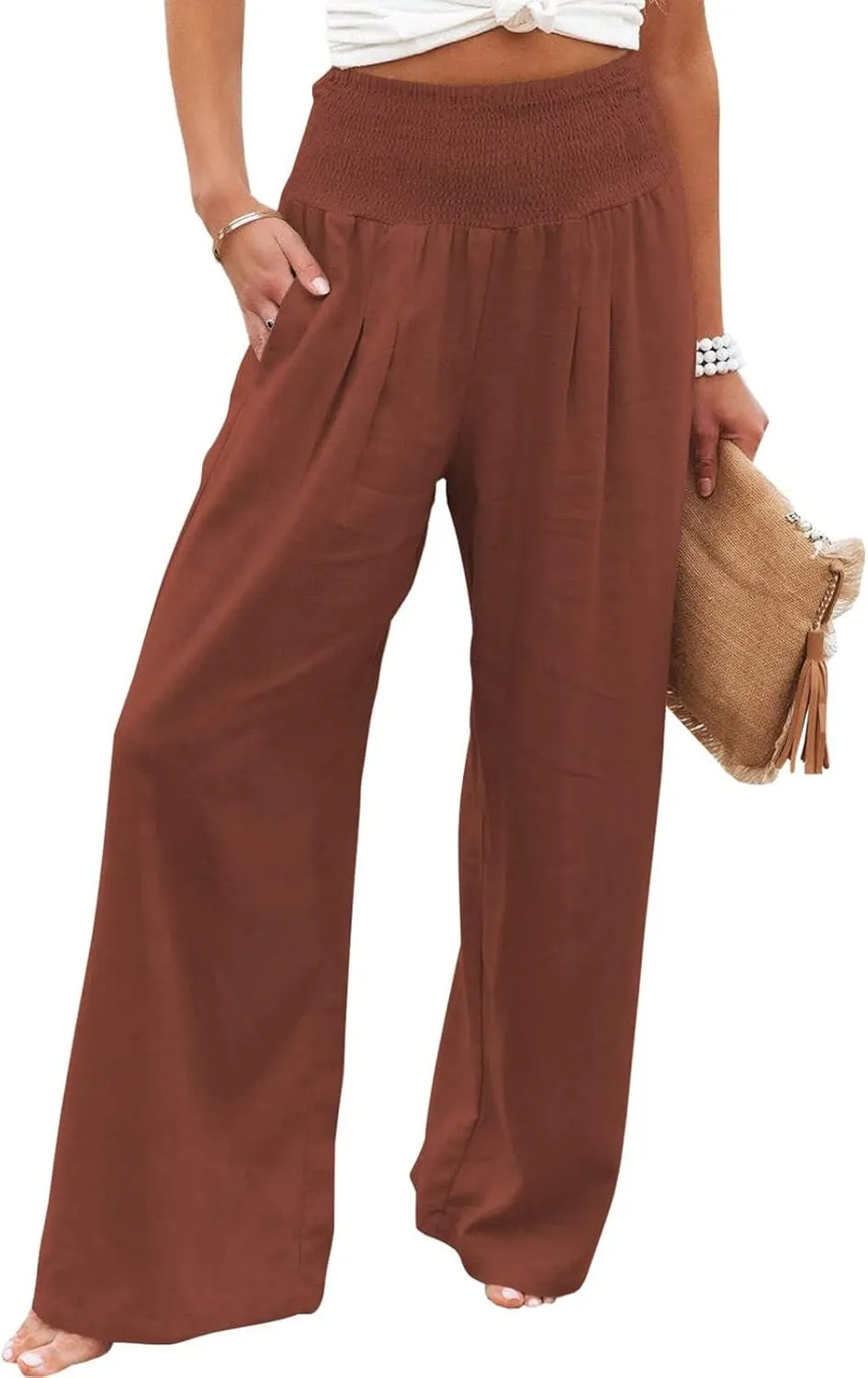 Womens Wide Leg Palazzo Pants Cotton Linen Pleated Smocked High Waisted Pants Summer Casual Lounge Trousers with Pockets