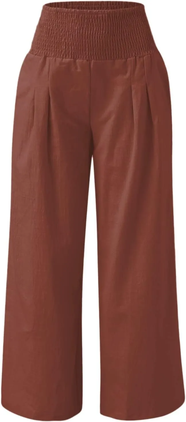 Womens Wide Leg Palazzo Pants Cotton Linen Pleated Smocked High Waisted Pants Summer Casual Lounge Trousers with Pockets